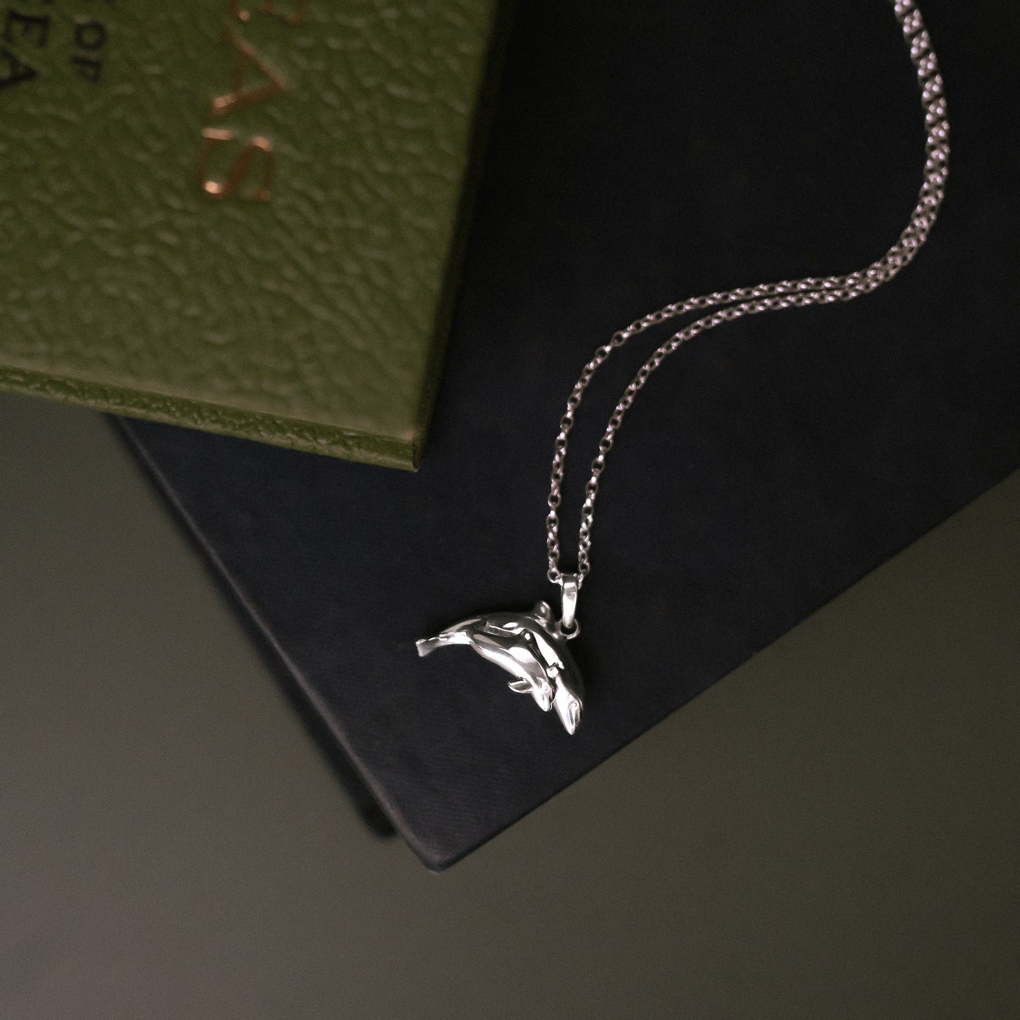 Bottlenose Dolphin Mother and Baby Silver Pendant Necklace