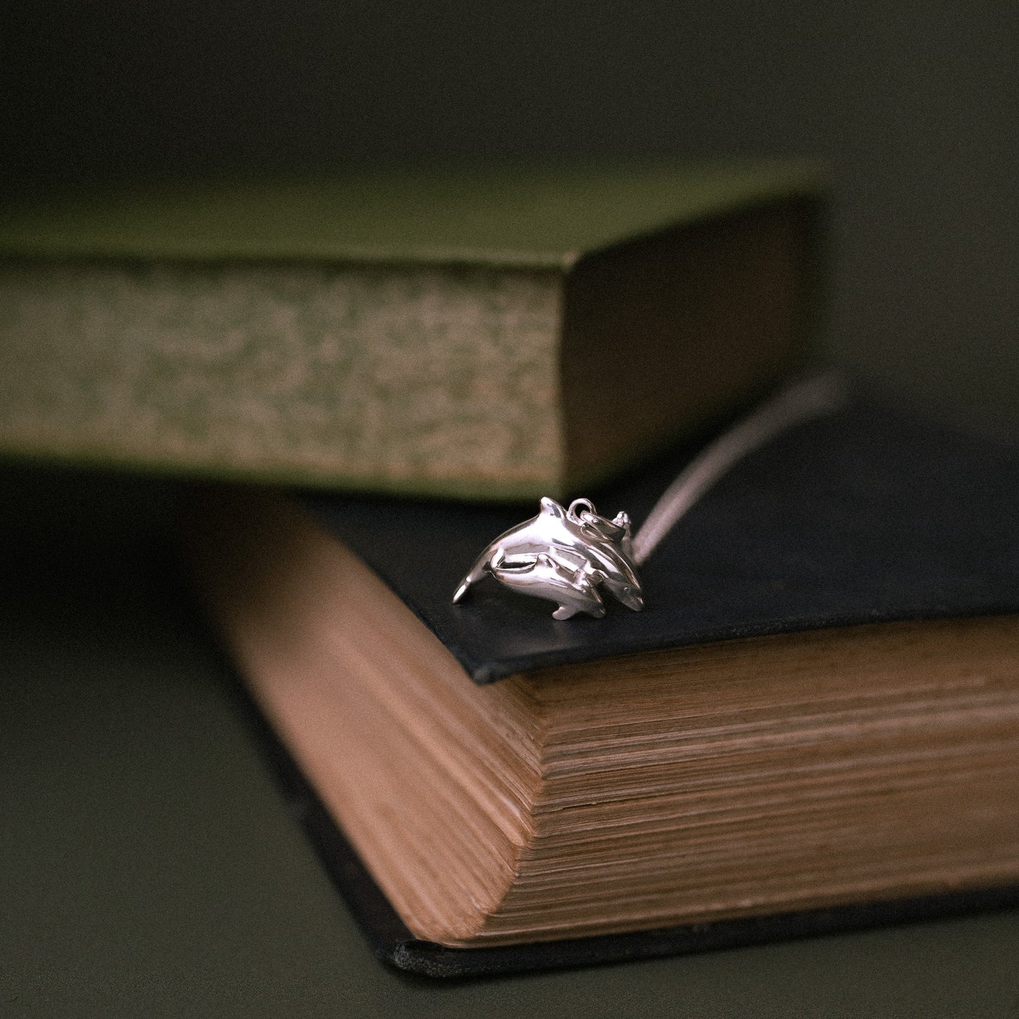 Bottlenose Dolphin Mother and Baby Silver Pendant Necklace