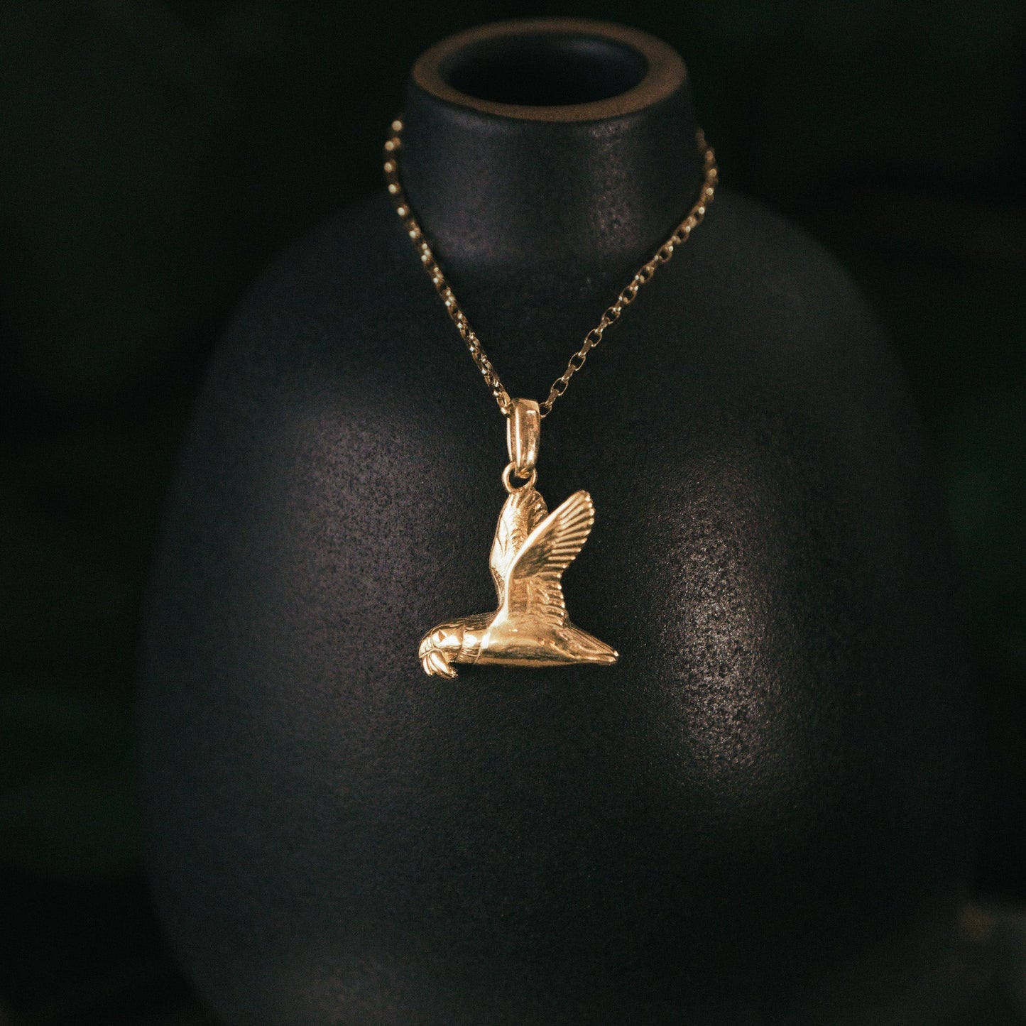Gold Flying Puffin with Fish Pendant Necklace