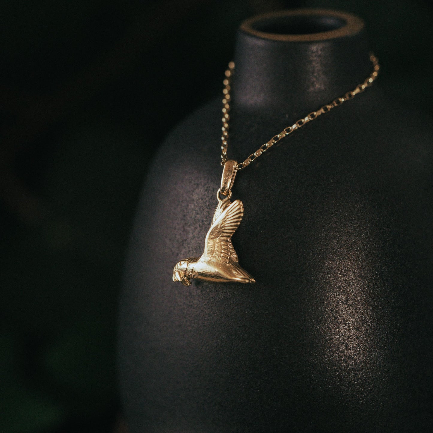 Gold Flying Puffin with Fish Pendant Necklace