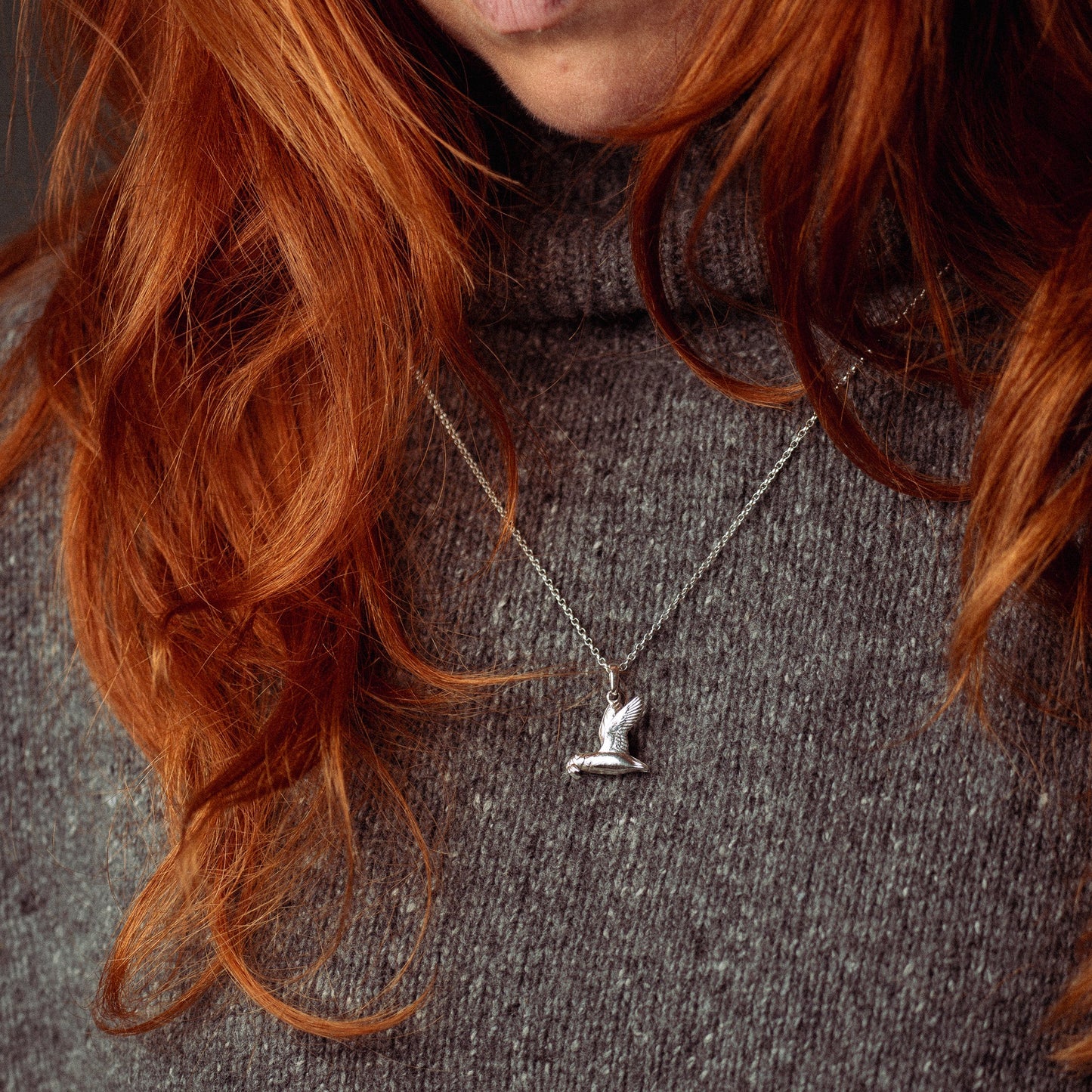 Gold Flying Puffin with Fish Pendant Necklace