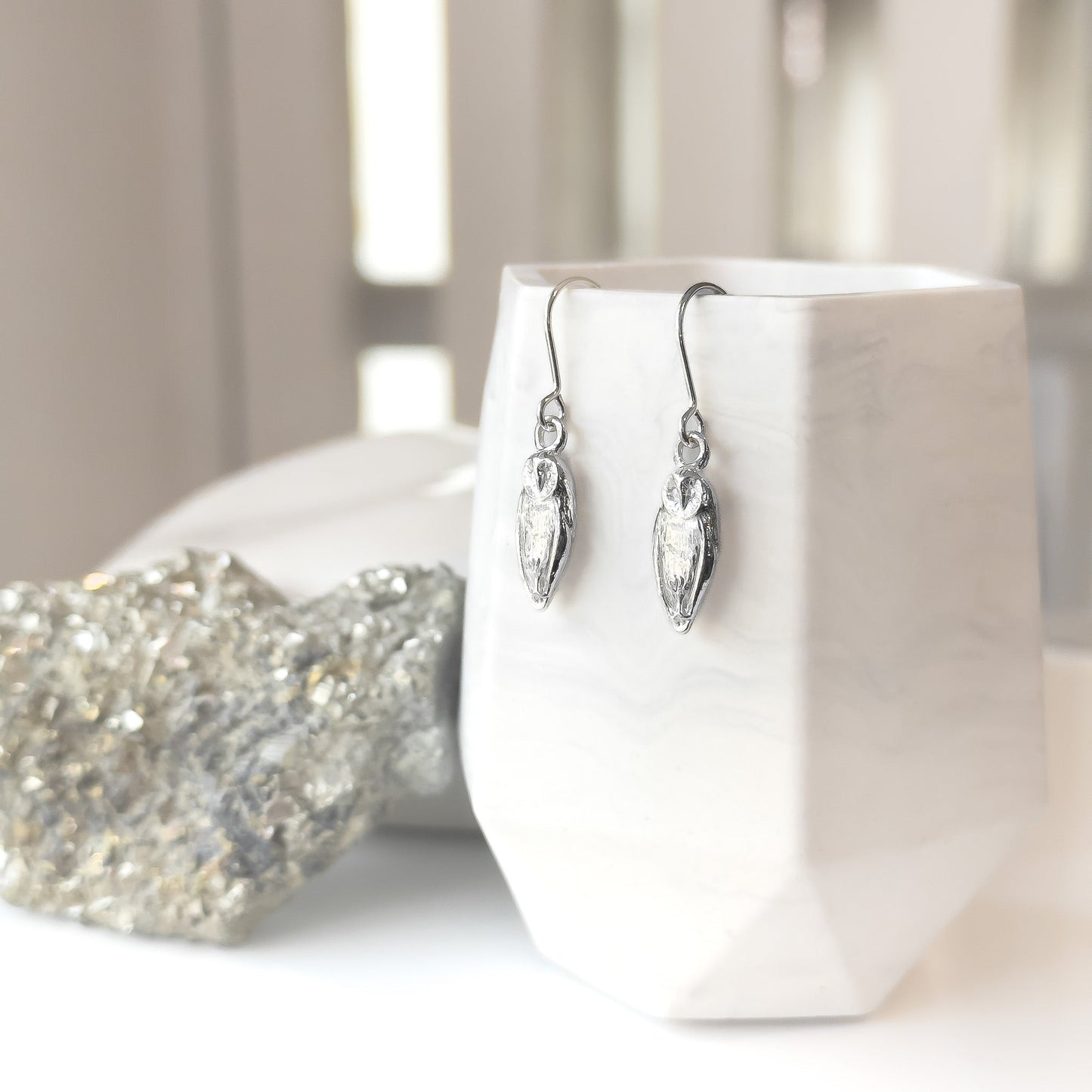 Silver Barn Owl Dangle Earrings