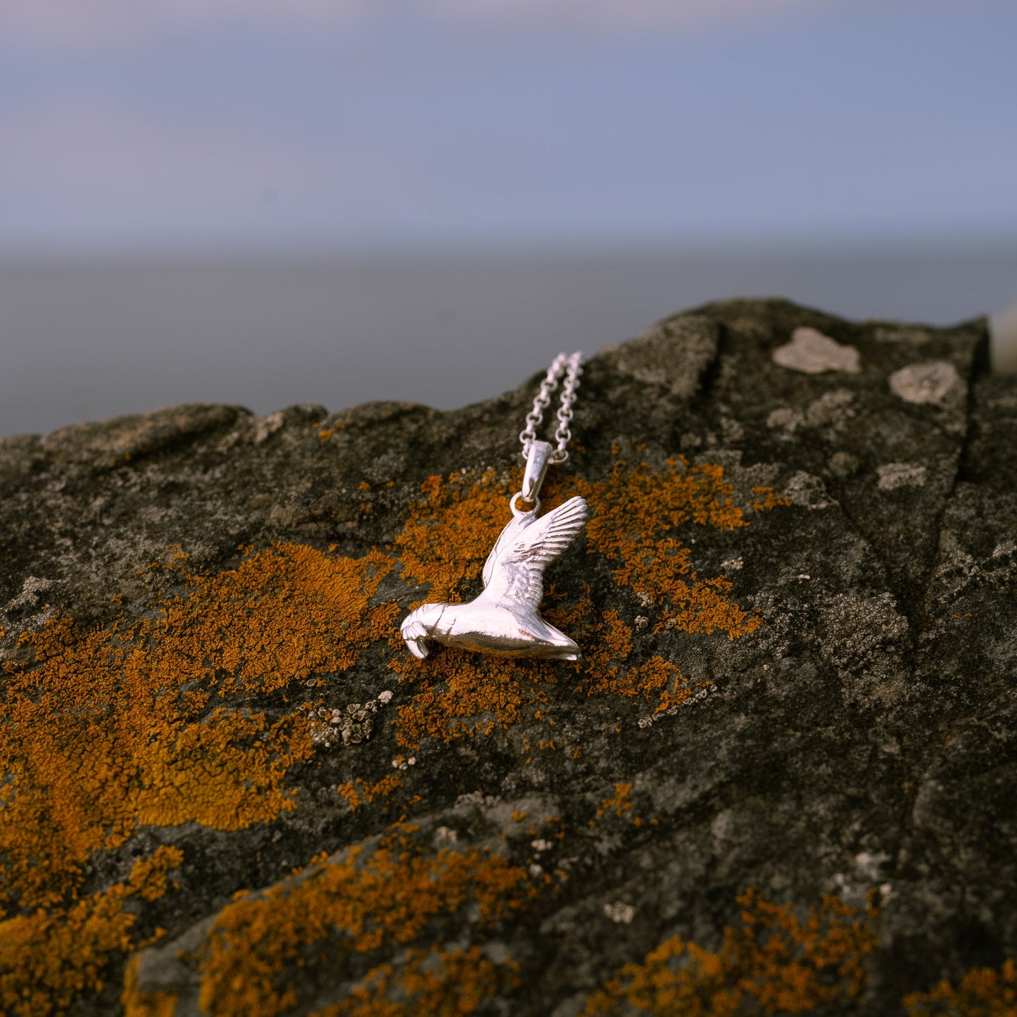 Sterling Silver Flying Puffin with Fish Pendant Necklace