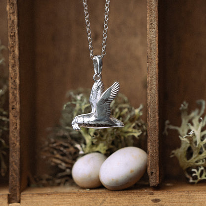 Sterling Silver Flying Puffin with Fish Pendant Necklace