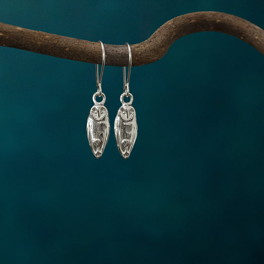 Silver Barn Owl Dangle Earrings
