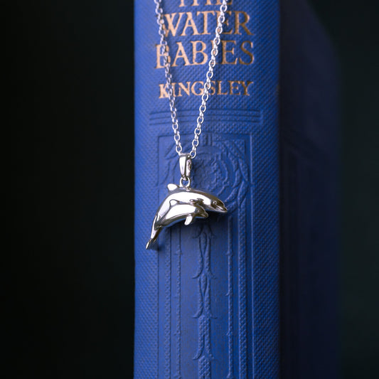 Bottlenose Dolphin Mother and Baby Silver Pendant Necklace