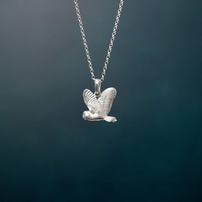 Flying Barn Owl Sterling Silver Necklace