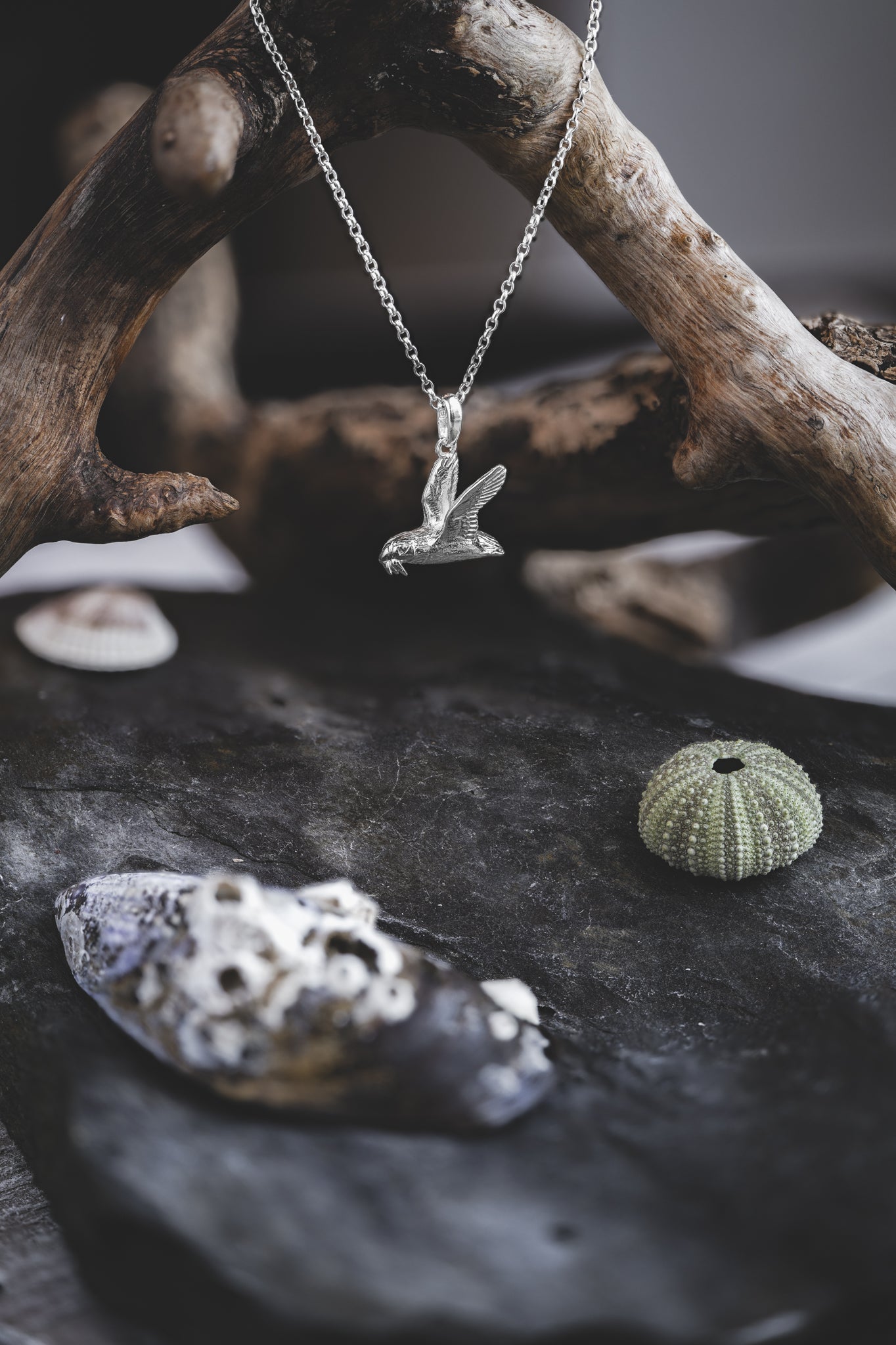 Sterling Silver Flying Puffin with Fish Pendant Necklace