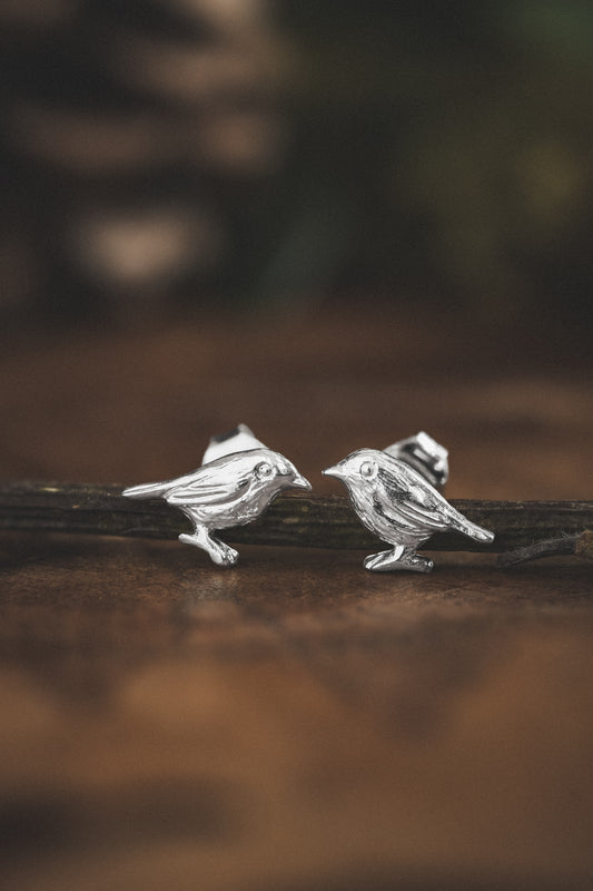 Silver Robin Stud Earrings